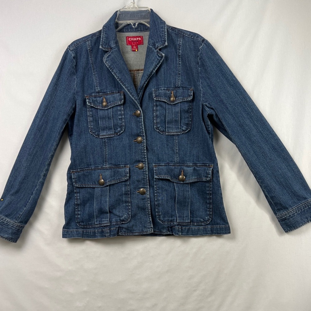 Chaps Denim Utility Jacket Womens Large Blue Button Front Cargo Pocket Stretch